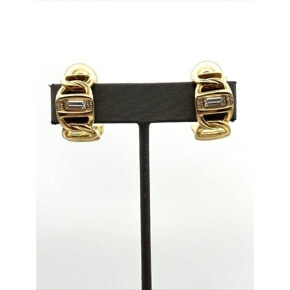 Vintage SWAROVSKI Swan Baguette Crystal Half Hoop Gold Tone Pierced Earrings - Picture 5 of 8